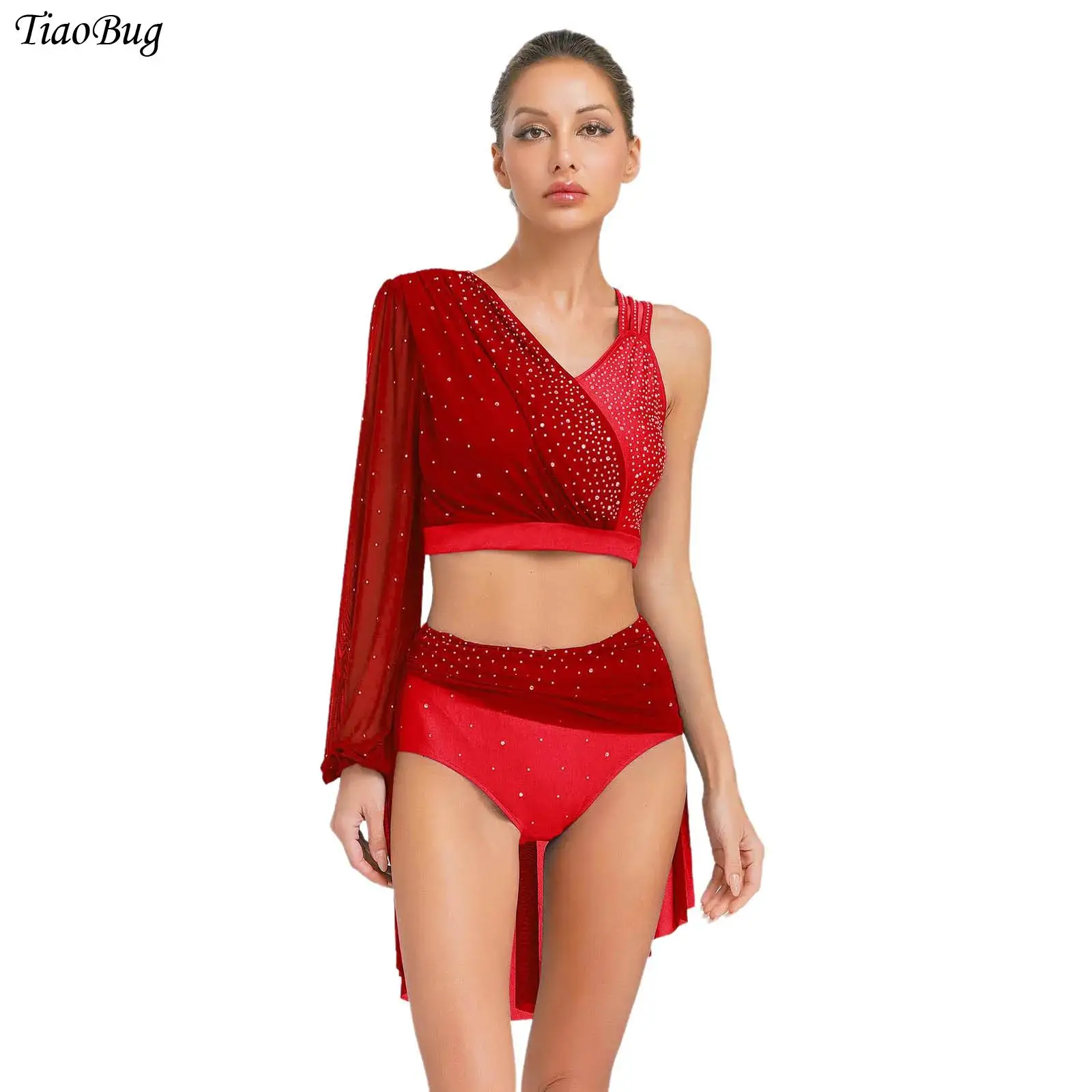 

2Pcs Women Lyrical Dance Outfit Single Sleeve Backless Crop Top Mesh Skirted Briefs Suit for Contemporary Modern Ballet Dance
