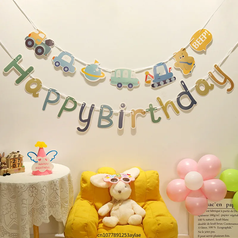 Blue Car Happy Birthday Banner One Year 1st Birthday Party Decoration For Kids Baby Shower Bunting Garland Flag Suppiles