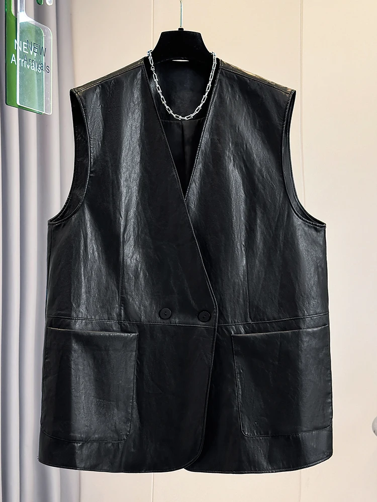 New 2026 Autumn Commuter Style V-Neck Double Button Pocket PU Leather Jacket Loose Casual Versatile Outerwear