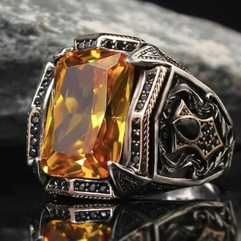Vintage Handmade Turkish Signet Ring For Men Women Ancient Silver Color Carved Ring Red Yellow Zircon Inlay Punk Motor Biker image 2
