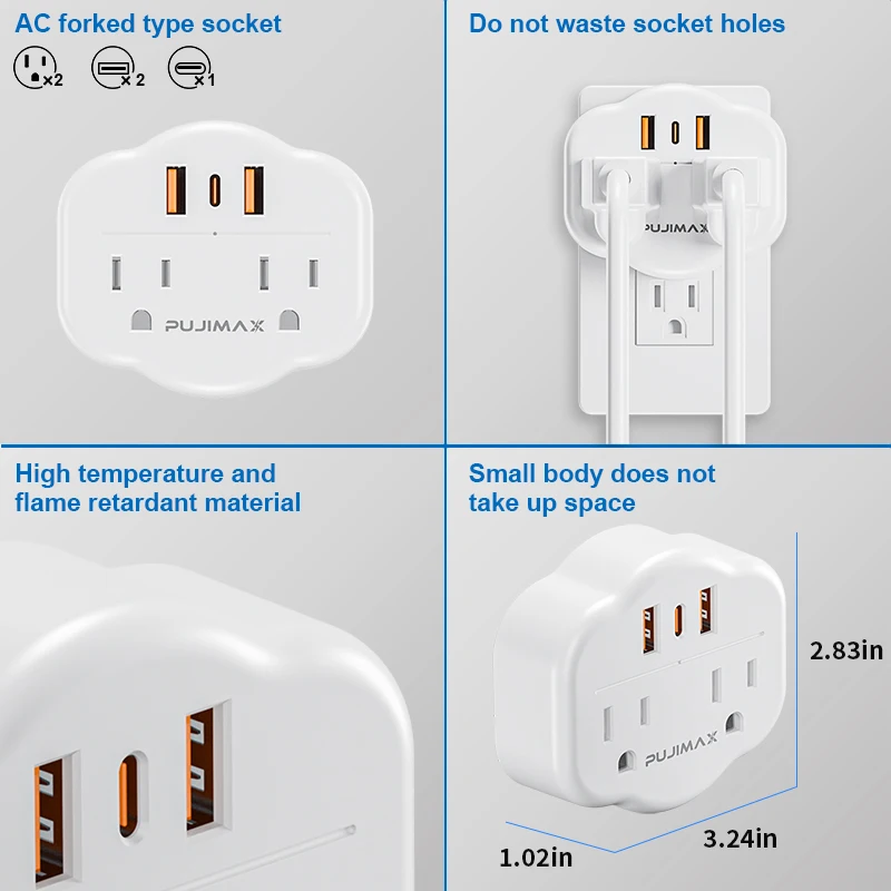 PUJIMAX Multi Plug Outlet Extender With USB, Electrical Wall Outlet Splitter with 3 USB Ports and 2 Outlet, For Travel,Office