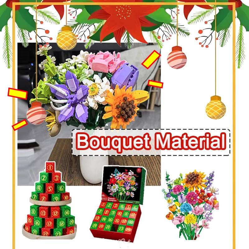 

Christmas Bouquet Material Advent Calendar 24 Day Countdown Building Blocks Assembly Blind Box Home Desk Decoration Cute Gifts