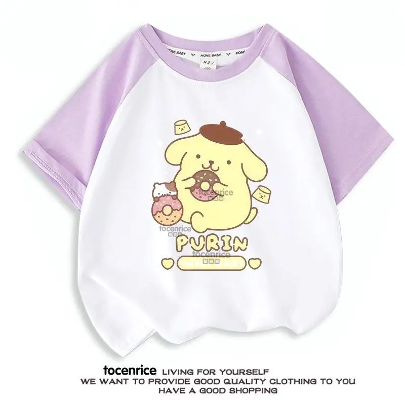 Kawaii Pochacco dziewczęcy bawełniany t-shirt z krótkim rękawem kreskówka letni luźne góra pompon Anime puryny na co dzień odzież dziecięca prezenty