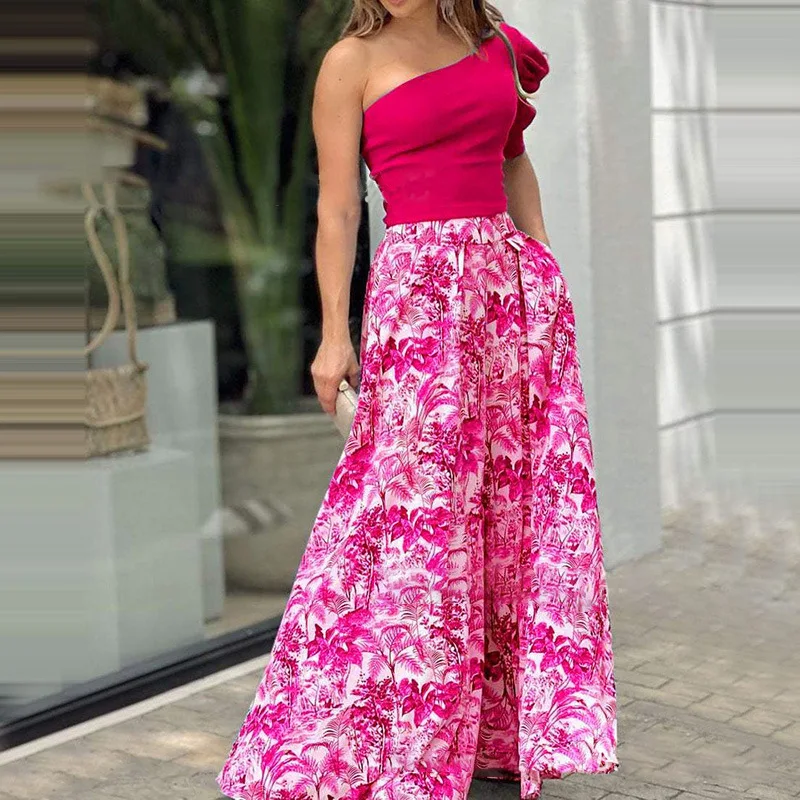 Sumer Dress Set Women Slash Neck Crop Tops Long Skirts Suit Female Casual Long Dress Outfits Summer Beach Two Piece Set