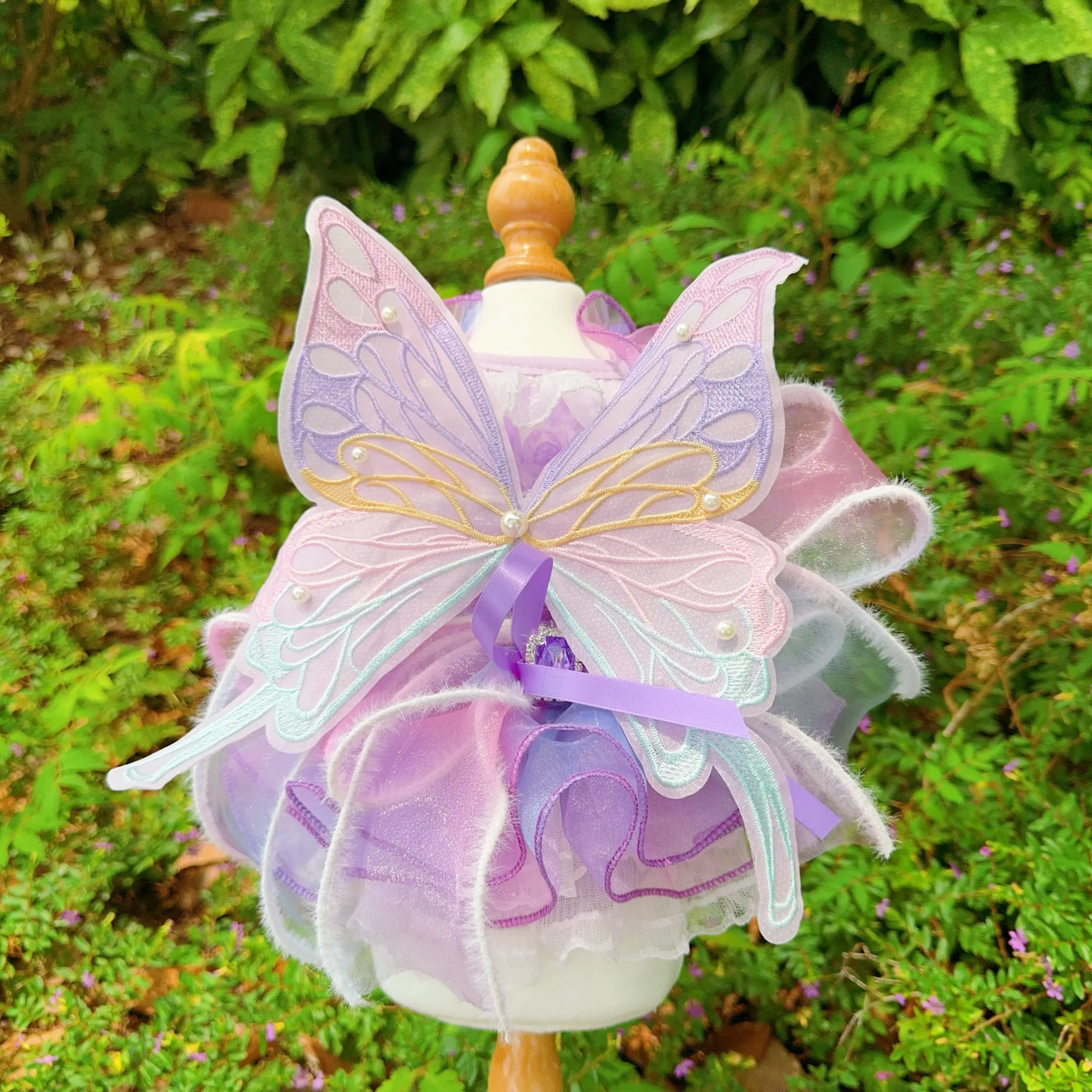 Handmade Pet Dog Clothes Summer Fashion Purple Flower Lace Bow Wing Princess Dress for Small Medium Dog Party Puppy Cat Clothing
