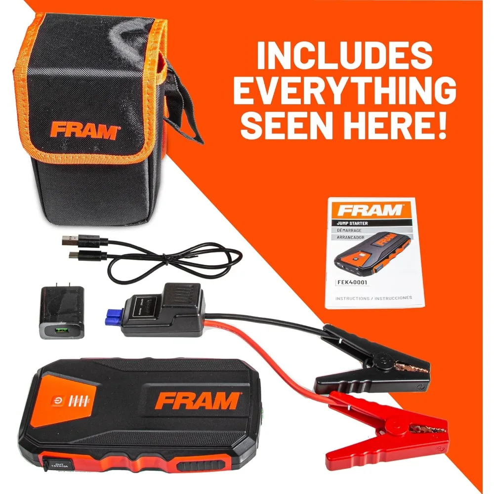 FRAM FEK40008 بطارية السيارة Jump Starter 12000mAh (44.4Wh) ما يصل إلى 5.0L محركات الغاز ومحركات الديزل 2.0L، معزز سيارة الطوارئ 12V مع