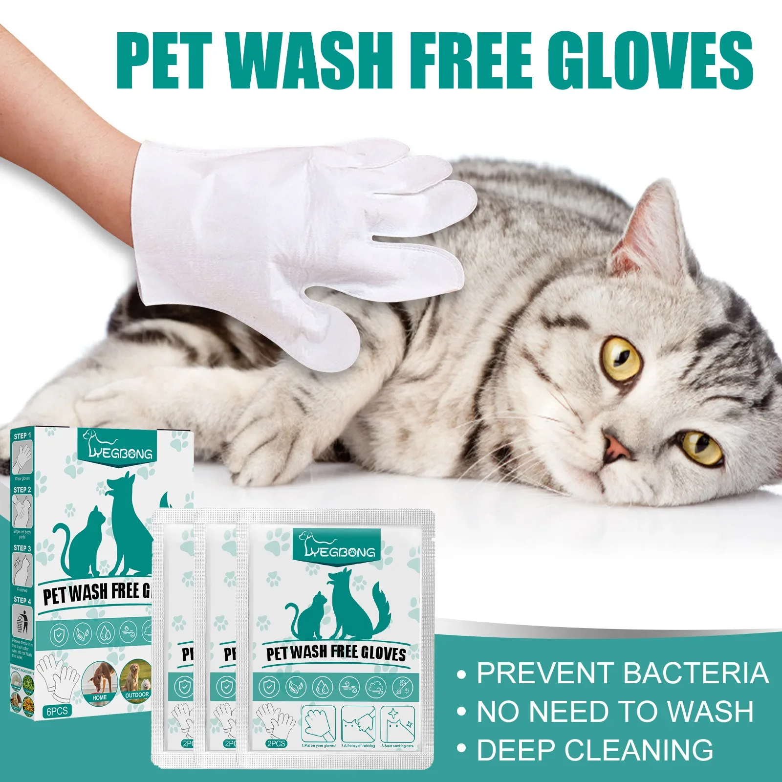 6pcs Pet Disposable Cleaning Gloves Wash Free Cats Dogs SPA Bath Supplies Massage Grooming Eye Wipe Gloves for Dogs & Cats