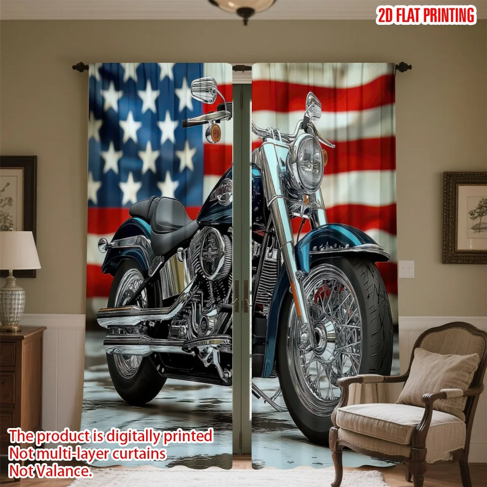 

2D flat printing 2pcs Window Drapes Motorcycle with American Flag Digital Printed Polyester Drapes Birthday Party Perfect for