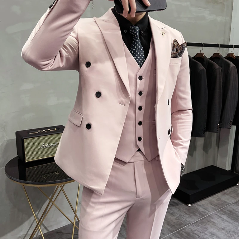 

2023 New Solid Color Men's Suit 3 Pieces Double-Breasted Lapel Formal Slim Fit Casual Tuxedos for Wedding (Blazer+Vest+Pants)