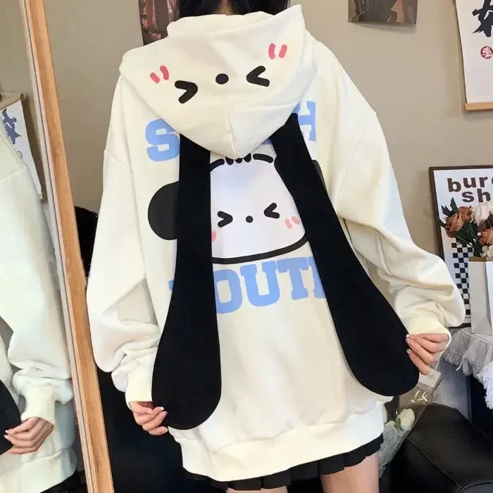 Sanrio Pochacco Hoodie Detachable Ears Spring Autumn Winter New Sweet Hooded Cardigan Velvet Zipper Sweatshirt Women Winter