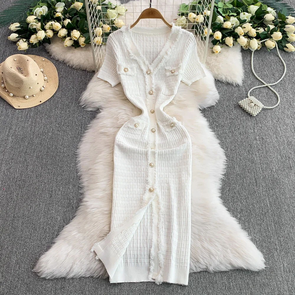REALEFT Vintage Beadingปุ่มถักชุดสตรี 2025 ฤดูร้อนใหม่แขนสั้นVคอRuffles Single Breasted Wrap Dress
