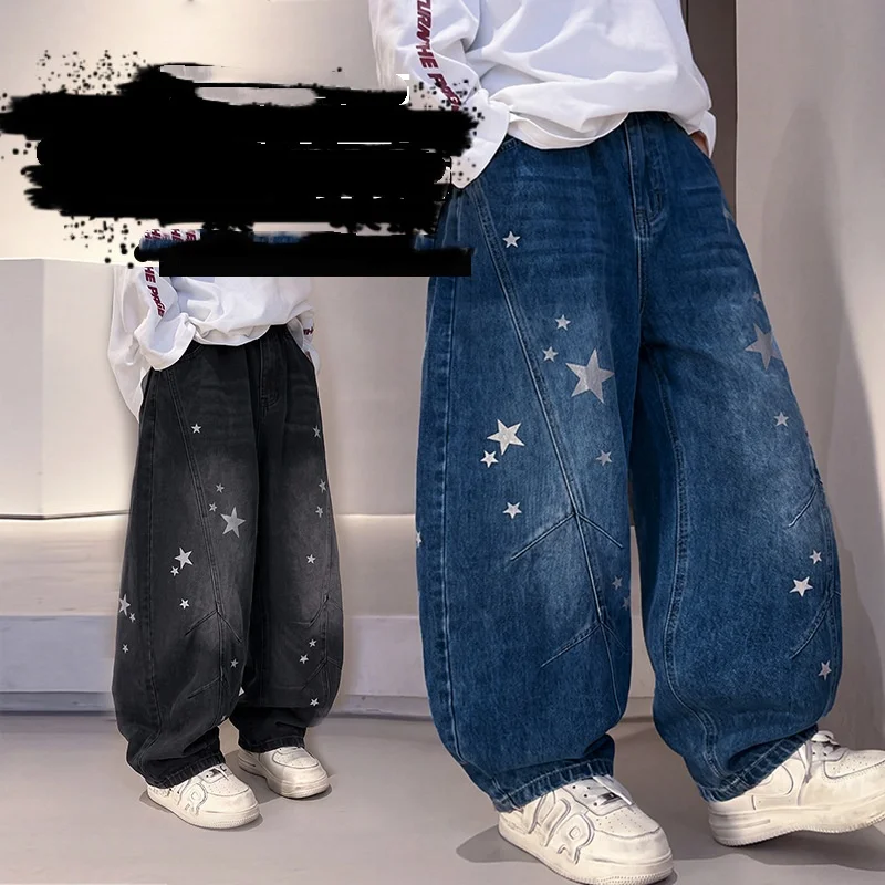New Teenage Child Designer Fashion Loose Straight Jeans with Stars Print for Boy Spring Autumn Denim Pants Kids Fashion Trousers