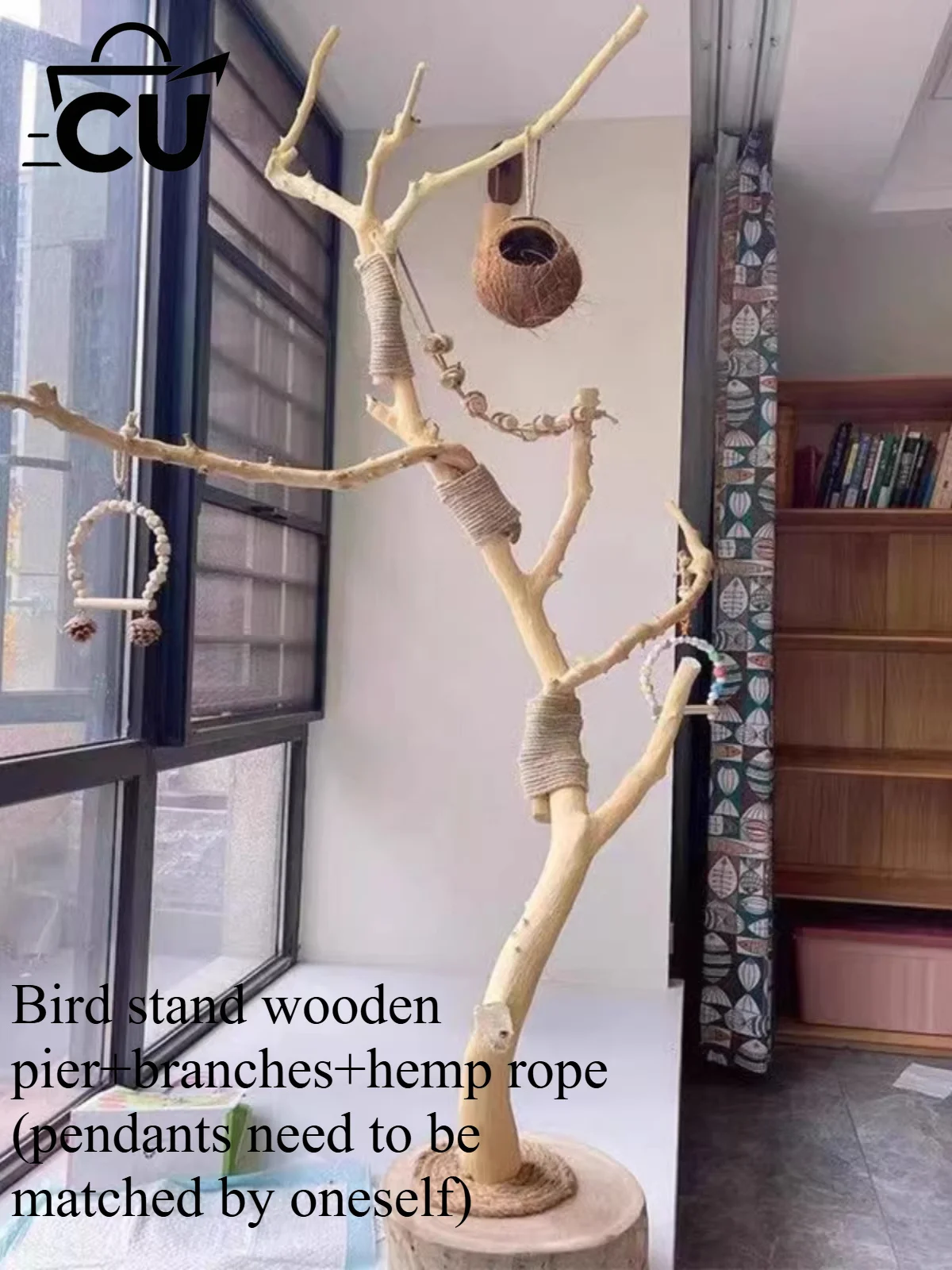 Natural Wood Bird Stand with Branch, Perch, Swing, and Solid Wood Base for Parrot Cage Accessories