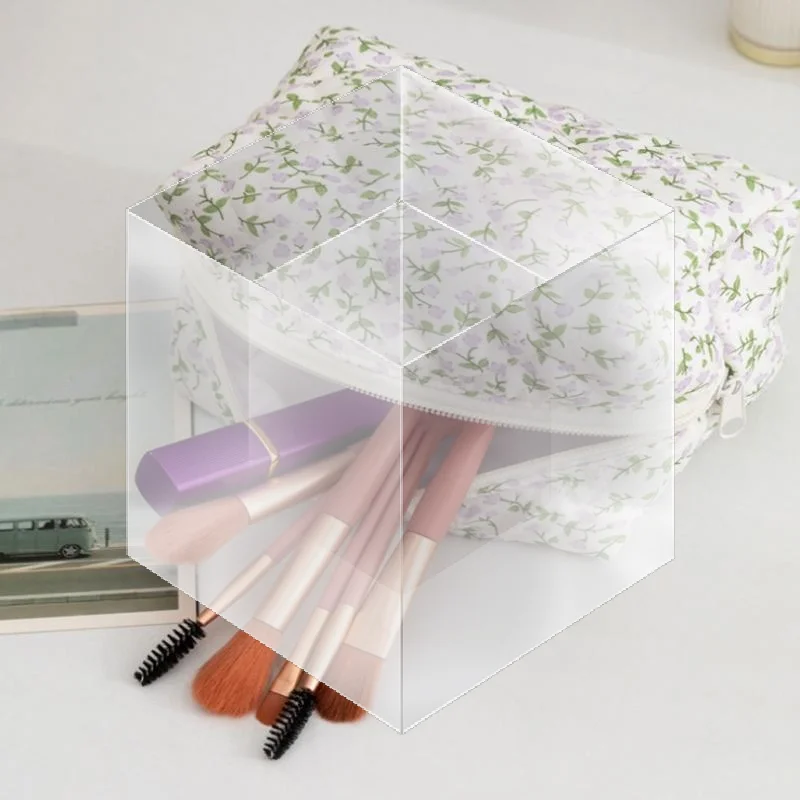 【New】Storage Organizer Floral Puffy Quilted Makeup Bag Flower Printed Cosmetic Pouch Large Travel Cosmetic Bag Makeup Accessory