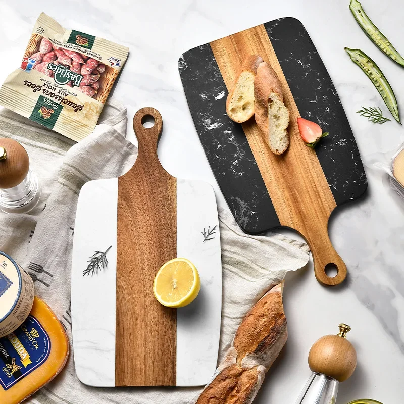 Marble Wood Charcuterie Board with Handle,Cheese Tray,Kitchen Cutting Board for Pastry Meat Fruits Crackers,Unique Cheeseboard