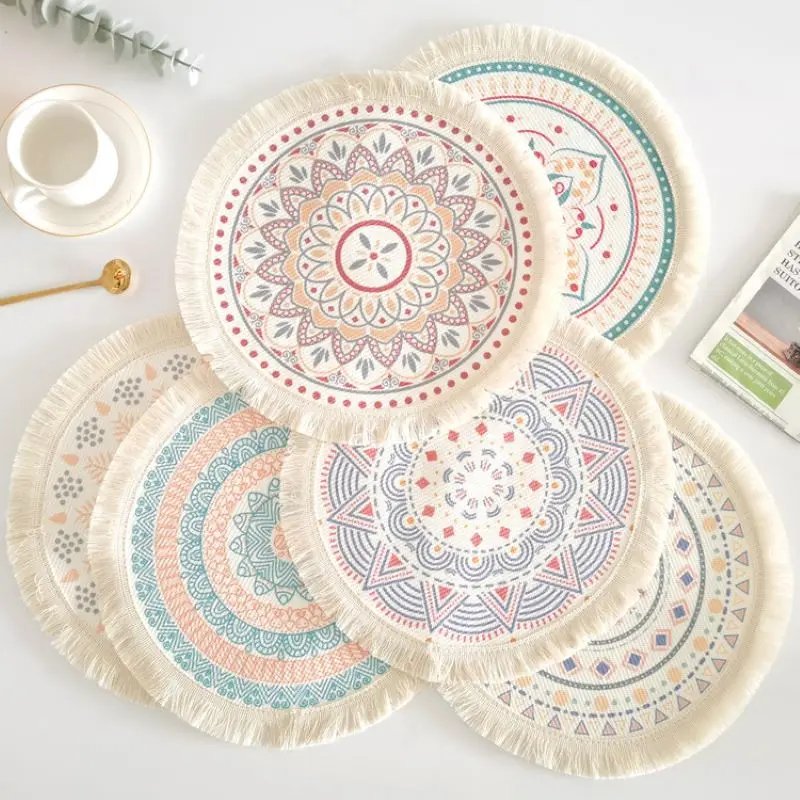 

Round Placemat，Woven Cotton Thread Placemats Decoration Accessories Kitchen Placemats Coffee Coasters Party Dinner