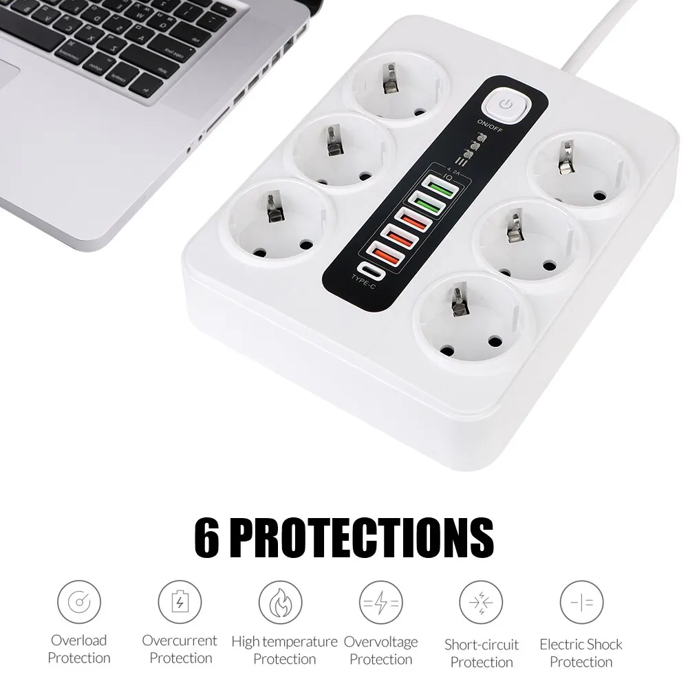 Extension Socket With Safety Switch Power Strip For Office Home EU Plug 3000W 2M Cable Overload Protection USB Type C Ports