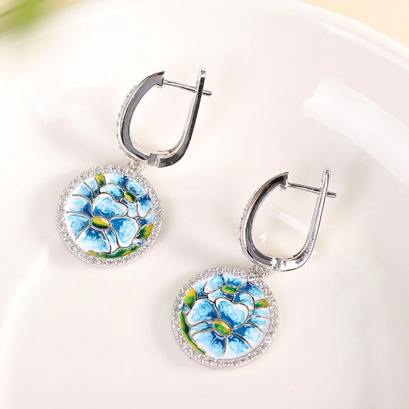 S925 Sterling Silver Clips Earrings for Women New Fashion Cloisonne Cymbidium Inlaid Zircon Ear-clips Pendant Free Shipping