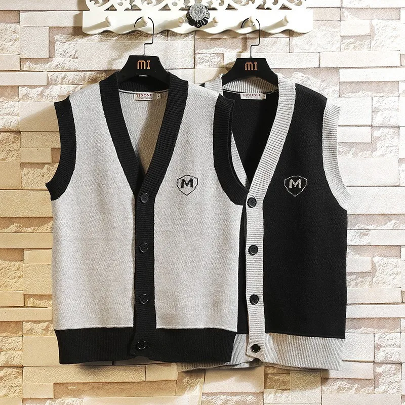 

Мужской вязаный жилет в японском стиле с вышивкой, модный, элегантный, премиум-класса, с V-образным вырезом, повседневный, свободного кроя, для осени
