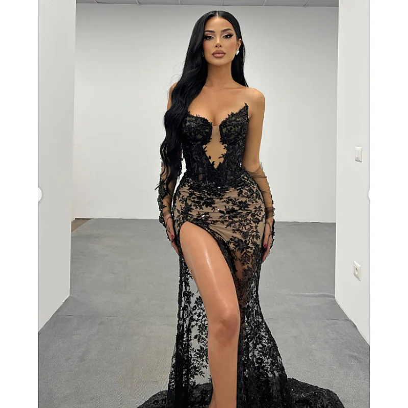 

Fashion Gloves Sexy Mesh See Through Black Lace Strapless Midi Calf Dress Birthday Party Evening Dress Celebrity Party Dress