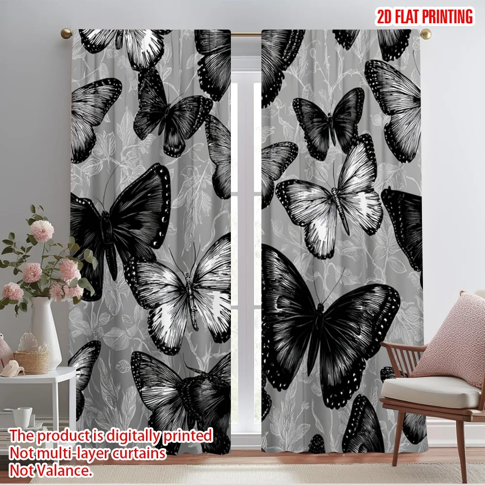 

2pcs,2D plane printing Creative Curtains Monochrome Butterflies Polyester Fabric (without rod) Gifts Perfect for Kitchen,