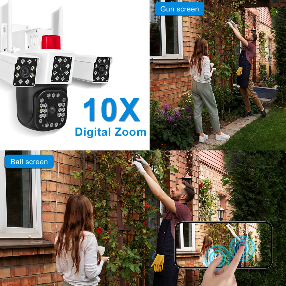 12MP 6K WiFi Security Camera Triple Lens Frame 10X Zoom Outdoor PTZ Camera Auto Tracking Waterproof Camera