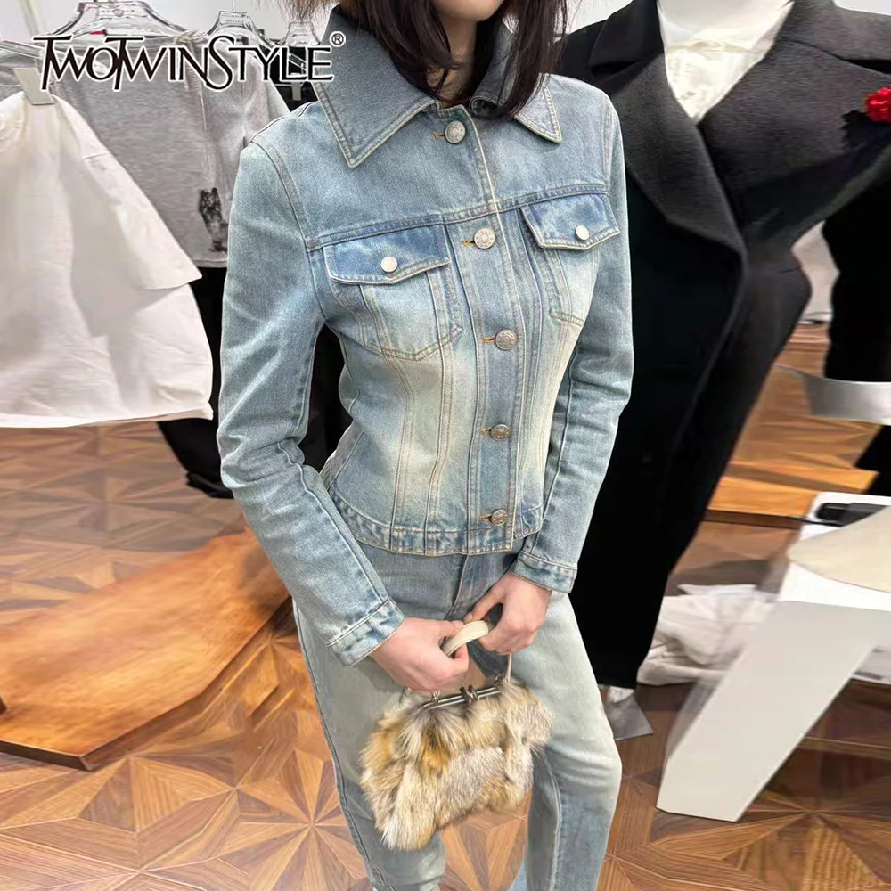 

TWOTWINSTYLE синяя шикарная куртка с карманами, женская утягивающая куртка с лацканами и длинными рукавами, американские ретро женские куртки, осенняя мода, новинка