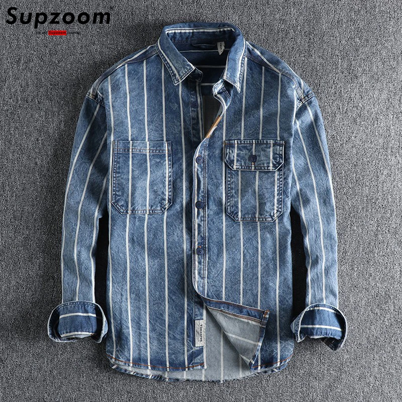 Supzoom 2022 New Arrival Top Fashion Brand Clothing Denim Full Turn-down Collar Open Stitch Striped Men Chemise Casual Shirts