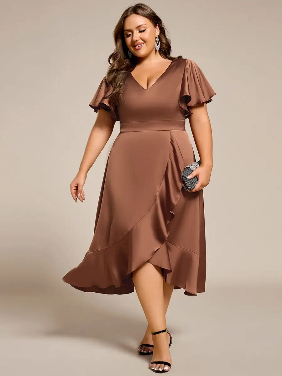 

Plus size Evening Dresses Ruffles Sleeve Regular Fold Stream Asymmetrical Hem 2025 Ever Pretty of Satin Brown Bridesmaid dress