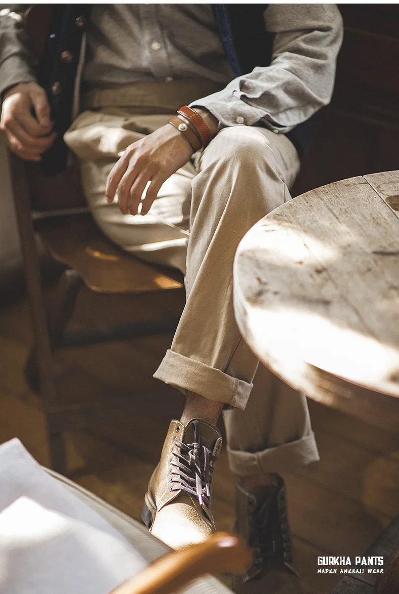 Maden Vintage Khaki Gurkha Hose, verstellbar, hohe Taille, lässige Cargo-Arbeitshose, klassische gerade Hose für Herren, Frühling und Herbst – Detail 22