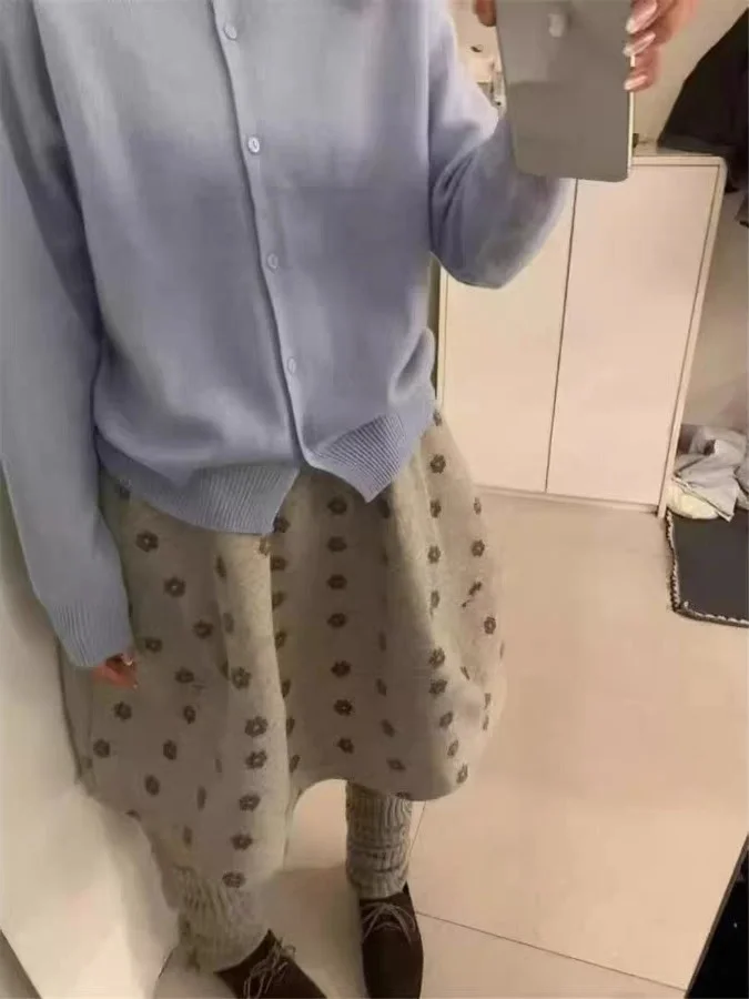 레트로 플로럴 울 스커트 여성용 가을 겨울 슬림핏 소형 다용도 A라인 블룸 스커트 퍼프 스커트