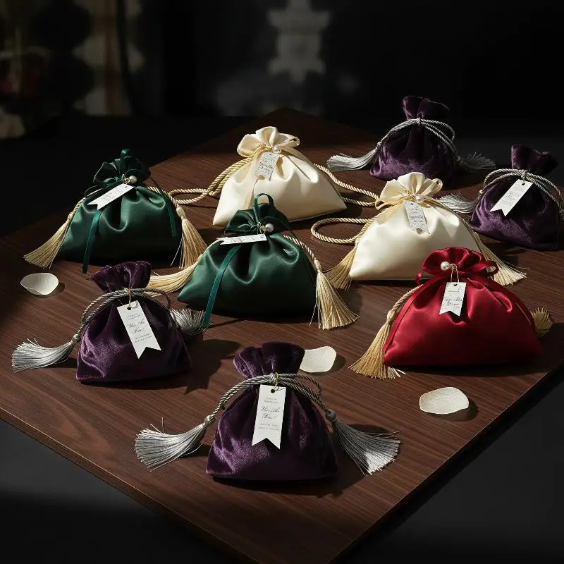 Drawstring Gold Velvet Candy Pouch Portable Tassel Dustproof Gift Bag for Wedding Bridal Shower Party Favor Packaging