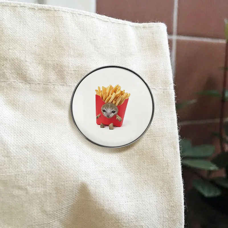 Funny Meme Fries Box Kitten UV Printing Pin Hot Meme Brooch Fast Food Animal Lapel Backpack Badge Gift For Friends