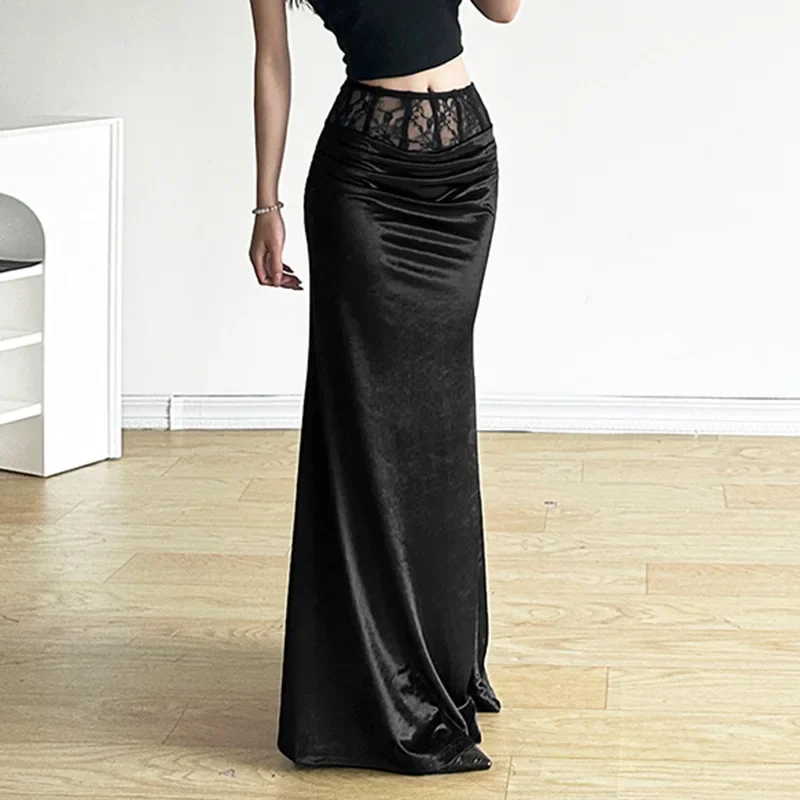 Elegant Mall Gothic Velvet Trumpet Skirts Y2k Partywear Lace Patchwork Sexy Long Skirt Ladies Evening Black Slim Cloth