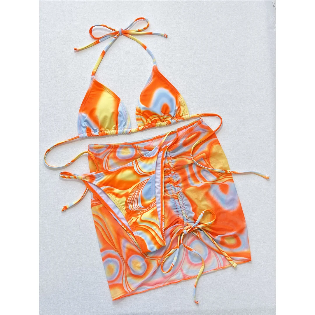 Mit Rock, Batikmuster, Neckholder, hoch geschnittenem Bikini, Damen-Badebekleidung, dreiteiliger Bikini-Set, Badeanzug, Badebekleidung, Schwimmbekleidung V4717 – Detail 15