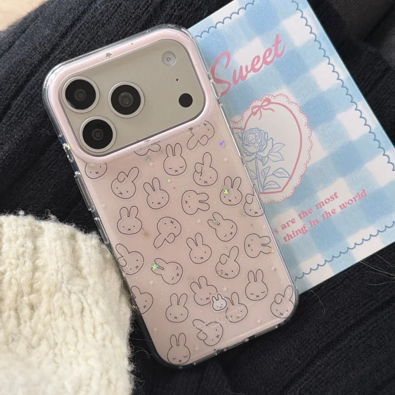 

Cute Full Screen Rabbit cartoon Miffy Sparkling Phone Case For iPhone 16 15 14 13 17 Pro Max Lovely Pink Miffy Glitter cover﻿﻿