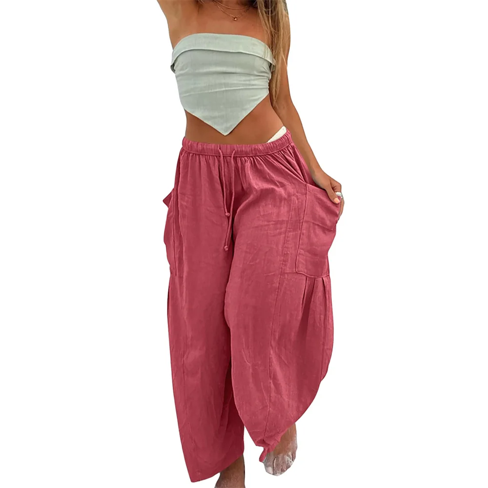 

Douhoow Women Loose Beach Harem Pants Hot Sale Solid Color Loose Casual High Waist Trousers Beach Linen Wide Leg Pants