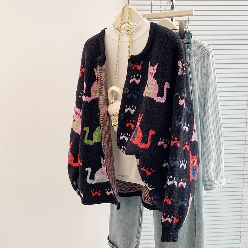 

Korean Sle plus Size Knitted Cardigan Thi Long Sve round Ne Open Front Sweater Coat Autumn Winter New Arrival Pa...