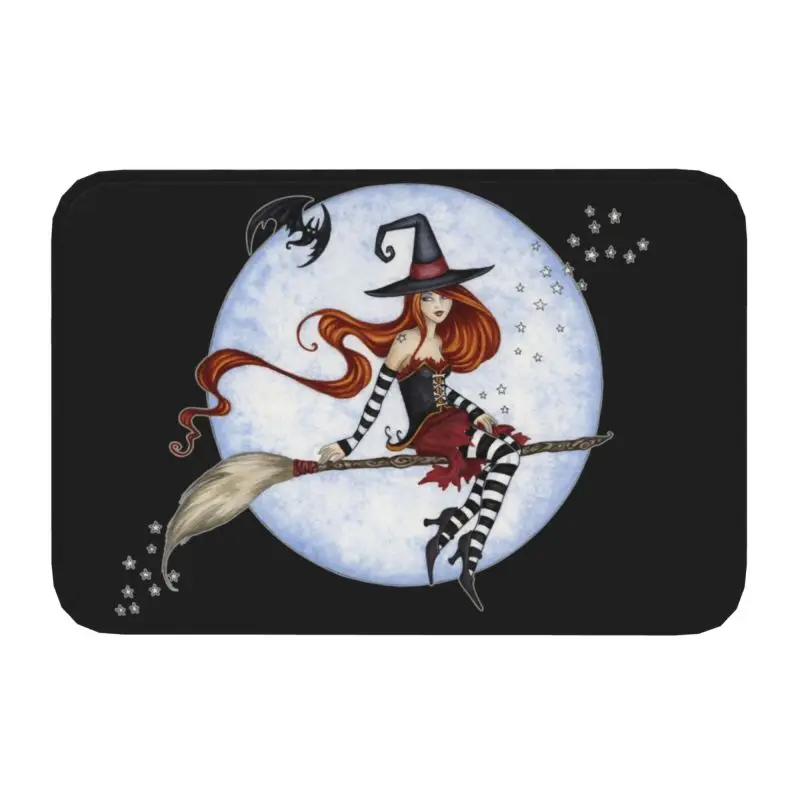 Halloween Witch Moonlight Ride Front Floor Door Entrance Mat Outdoor Goth Occult Bathroom Kitchen Doormat Garage Carpet Rug