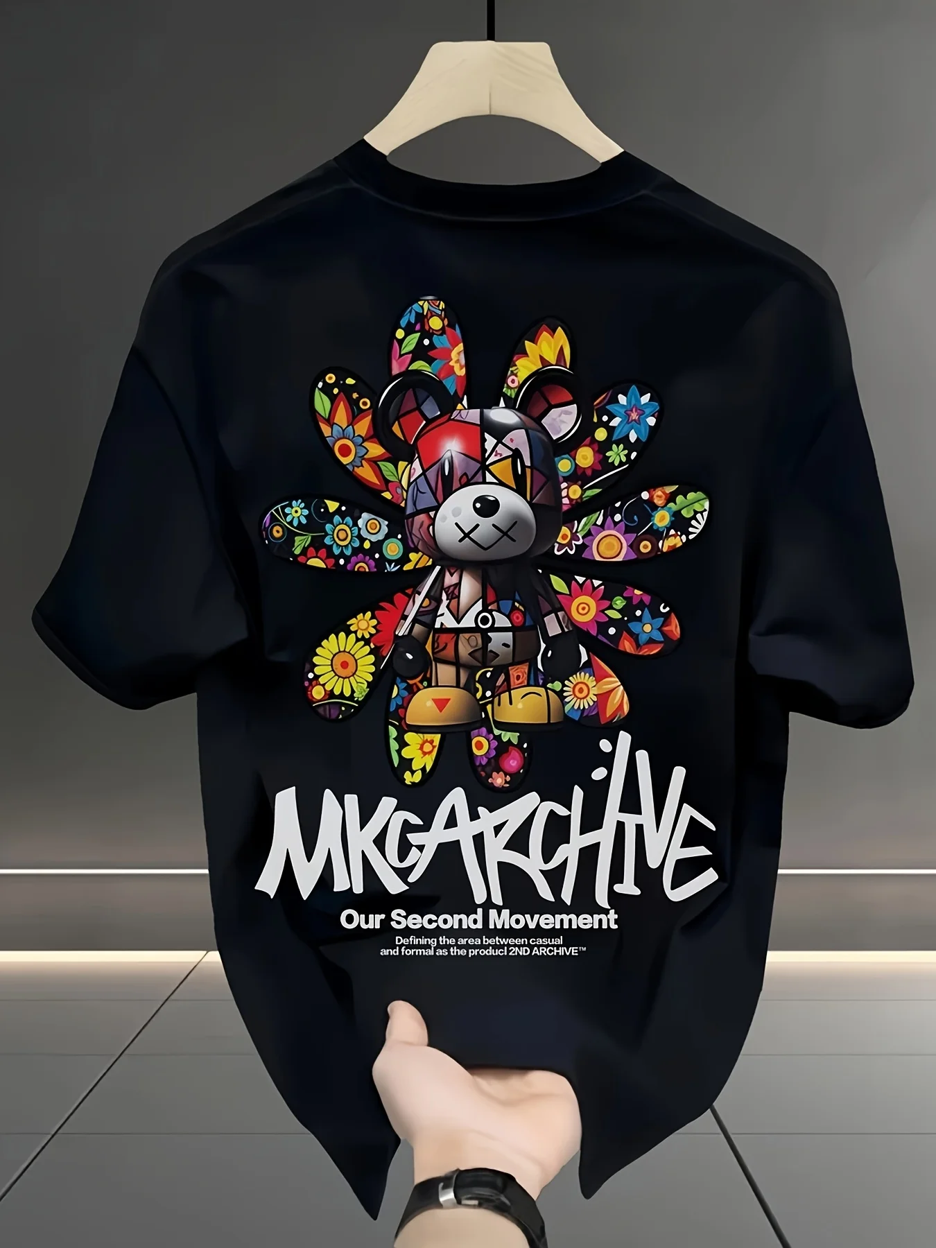 Colorful Sunflower Bear Graffiti Graphic Tee with Bold Lettering Men Women T-shirt Summer Vibrant Casual Statement Top Clothing