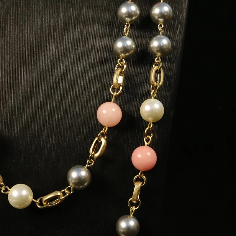 Pink Stone Gray Pearls Long Pendant Trendy Statement Necklace