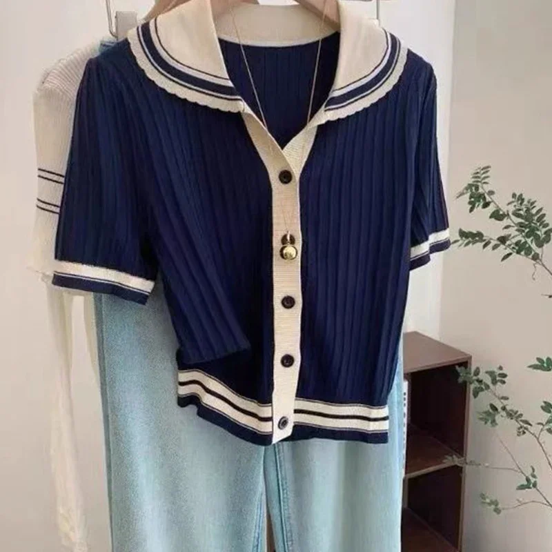 

Female Preppy Style Patchwork Buttons Sailor Collar Knitting Cardigan Summer Women Clothes Casual Ruffles T-Shirts Women Top Tee