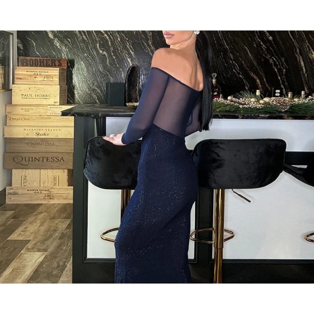 TWOTWINSTYLE 여성을위한 솔리드 스플 라이스 메쉬 드레스 슬래시 넥 긴 소매 높은 허리 슬리밍 드레스 여성 의류