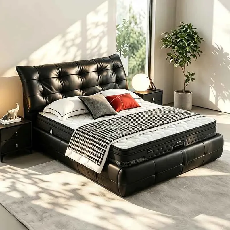 for Italian Light Luxury Master Bedroom 1.8m Double Bed Black Large Soft Bag 1.5m Leather Wedding Bed High End Atmosphere
