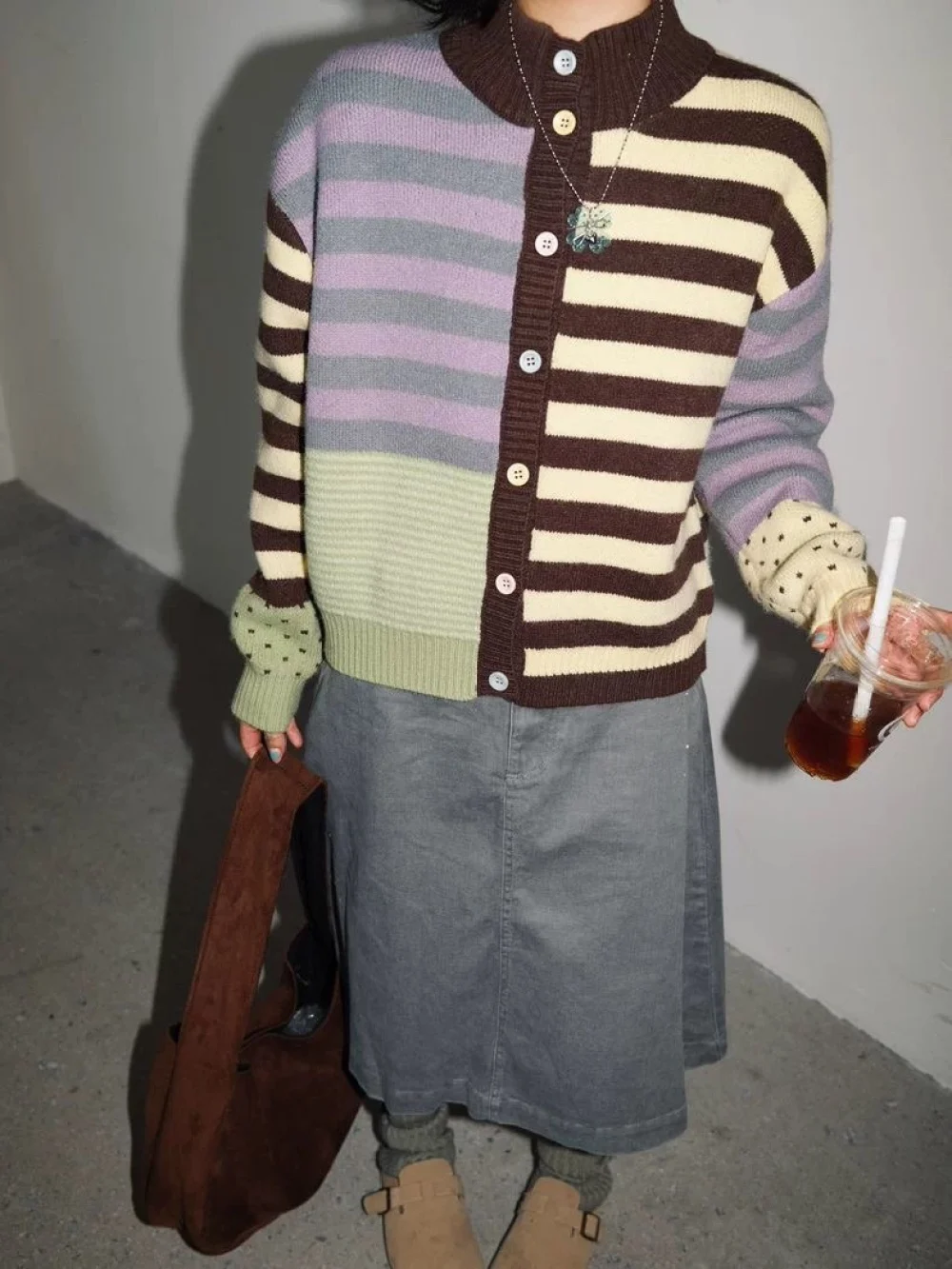 New Autumn And Winter Season Retro Subculture Sweet Knit Cardigan Patchwork Striped Polka Dot Contrasting Sweater Trend Niche