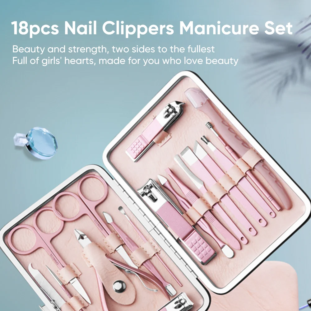 

18pcs Manicure Stainless Steel Nail File Nail Clipper Ear Pick Eyebrow Trimmer Cutters Professional Nail Clipper Grooming Kit