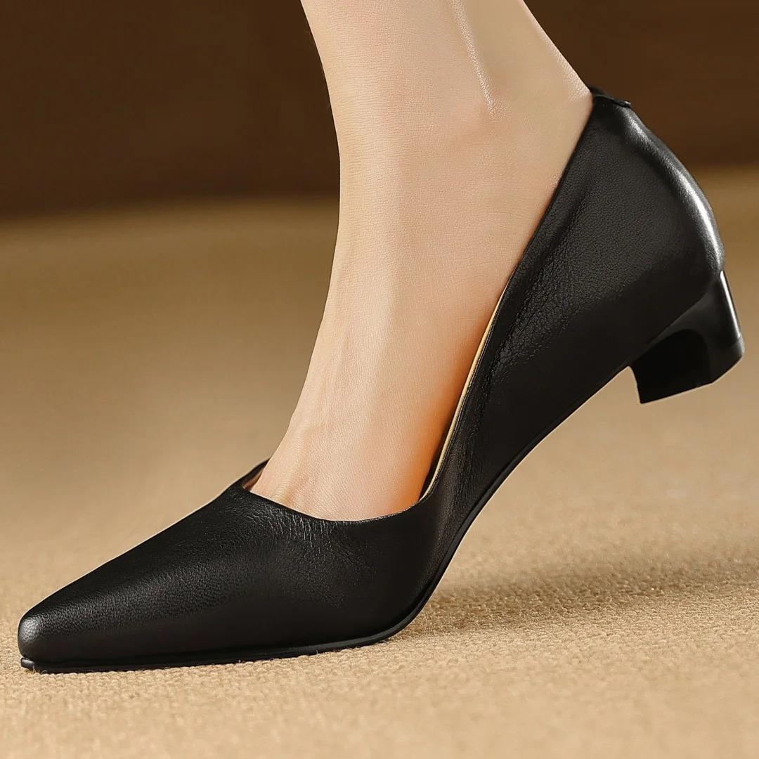 Zapatos de tacón de gatito con punta estrecha de cuero de vaca para mujer, zapatos elegantes sin cordones de tacón bajo para mujer, zapatos de tacón suaves y cómodos de alta calidad