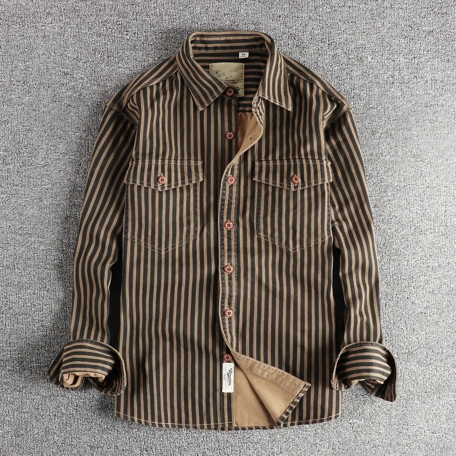 Men's Casual Loose Long Sleeve Shirt Retro Vertical Stripes Workwear Style Standard Fit Daily Wear ResistantYY37
