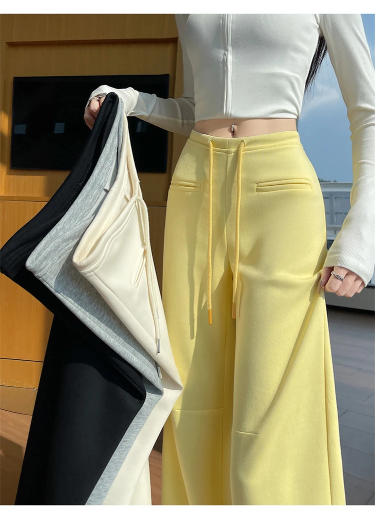 Women's Autumn Winter Micro Flare Wide Leg Full Length Pants Lady Streetwear Drawstring Waist Loose Long Pants