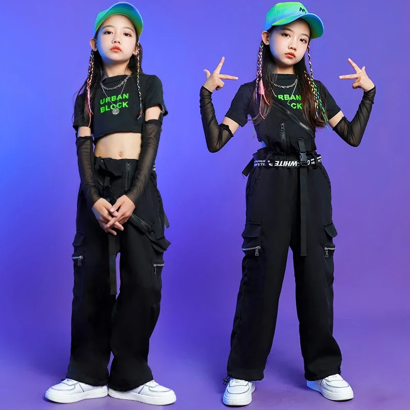

Kids Punk Hip Hop Clothing Kpop Outfits Tshirt with Gloves Tank Tops Overalls Pants For Girls Jazz Dance Streetwear Costumes